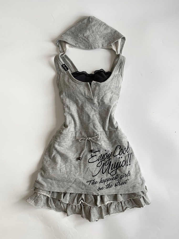 Retro Gray Hooded Sleeveless Top+Skirt