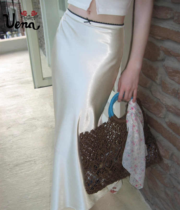 Satin Lace Bow Mid-waist Long Skirt