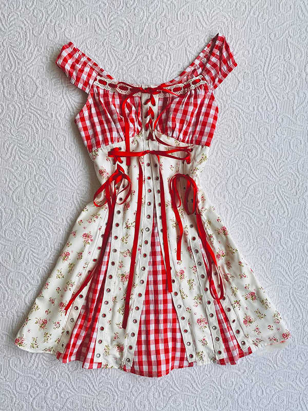 Red Plaid Patchwork Suspender Dress