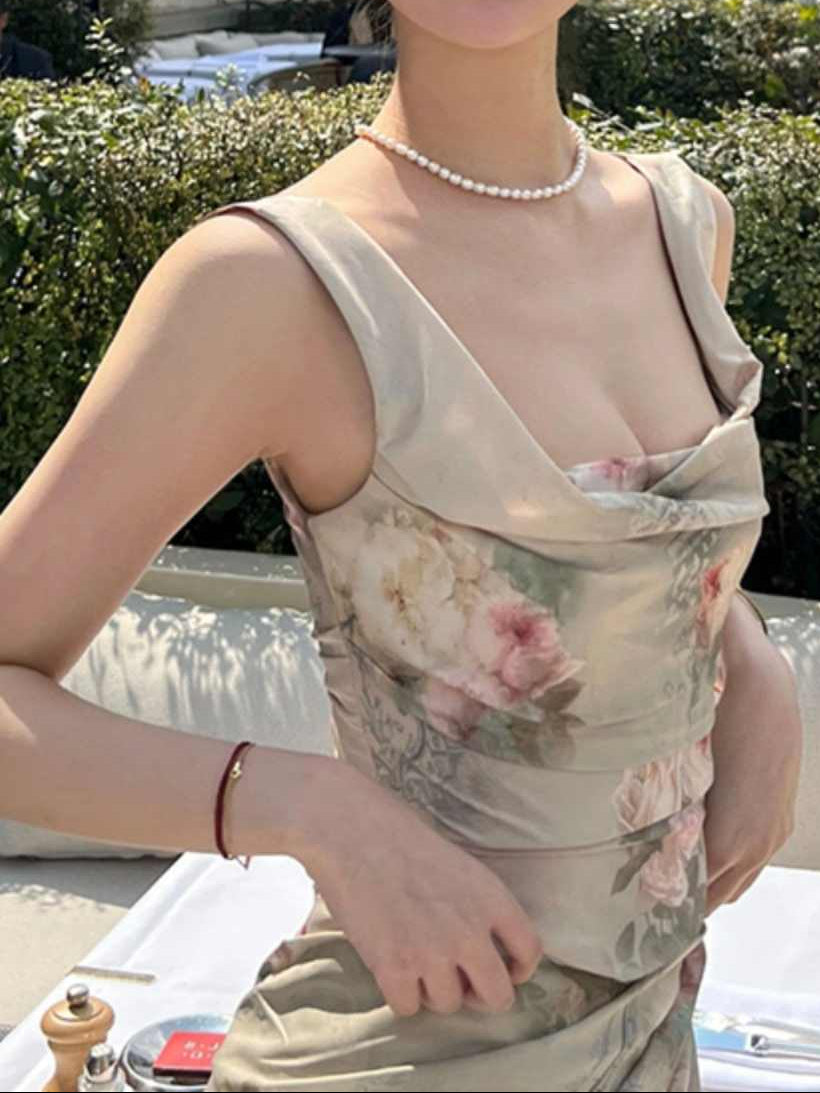 Retro Floral Fishbone Suspender Top + Skirt
