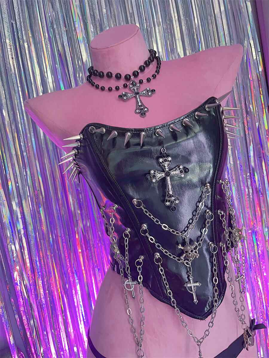 Goth Punk Skull Leather Cross Tube Top