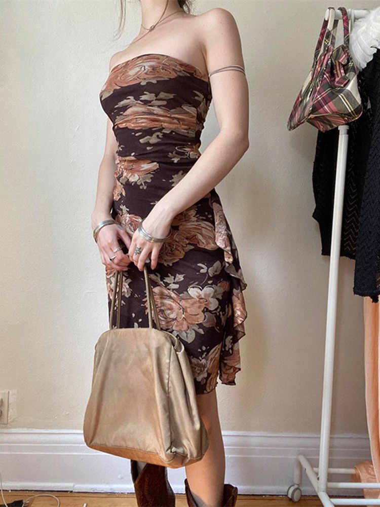 Fairy Grunge Brown Floral Mesh Dress