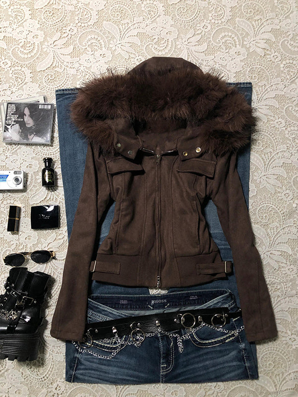 retro niche Maillard fur collar hooded short coat