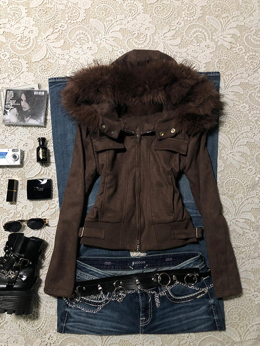 retro niche Maillard fur collar hooded short coat