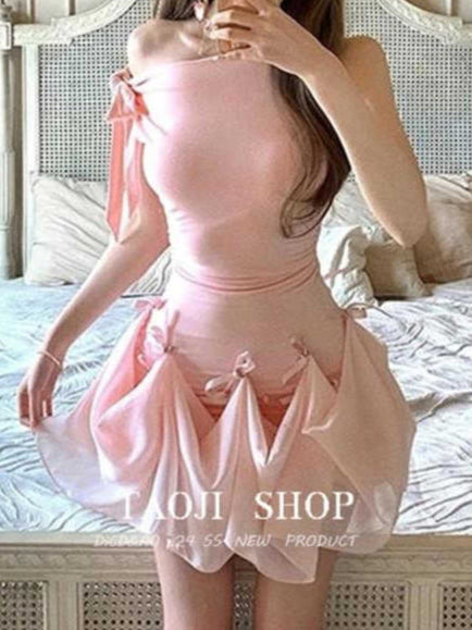 Bow Straps Waist-cinching Splicing Dress