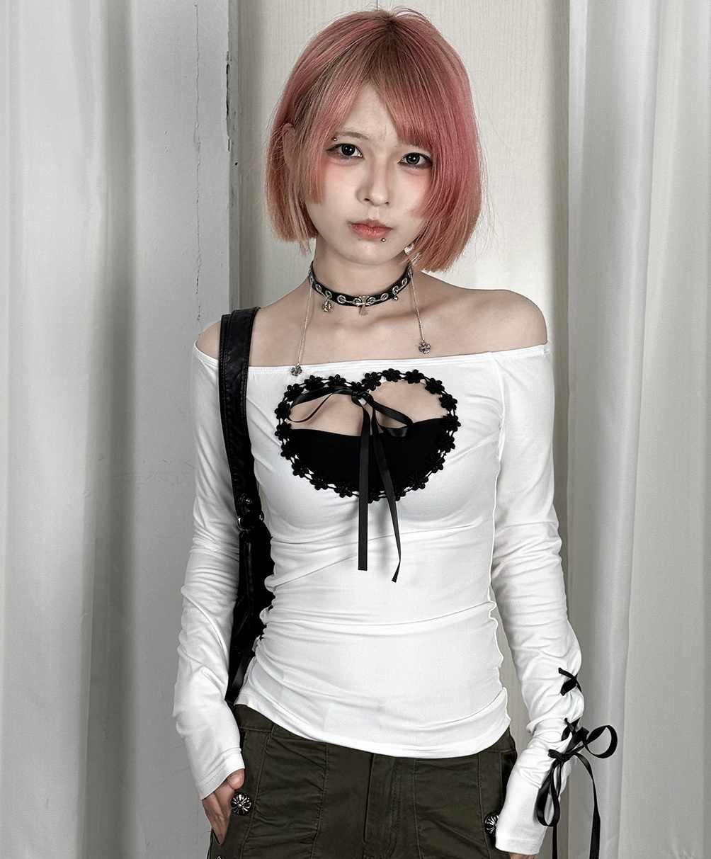 Off-shoulder Heart Hollow Bow Tie Long-sleeved Top