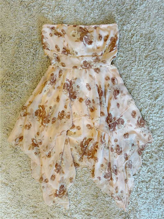 Retro Brown Floral Irregular Dress