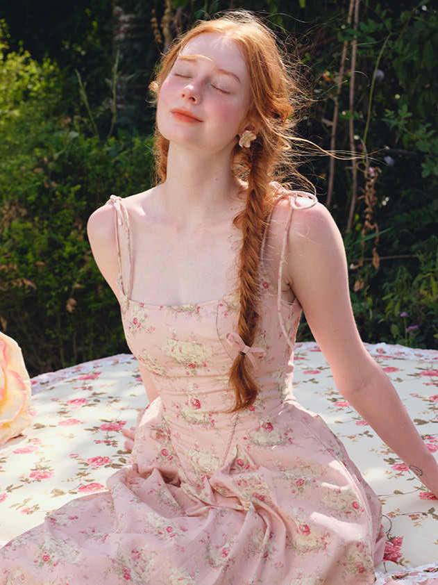 French Floral Fishbone Pink Dress