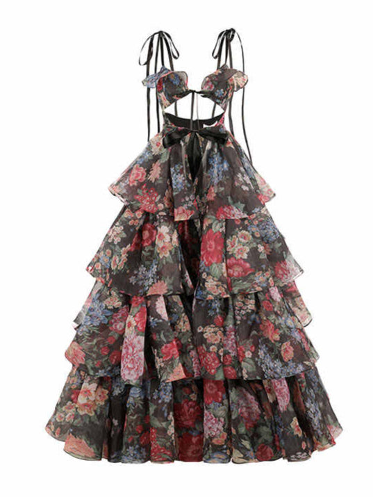 Floral Hollow Suspender Cake Suit