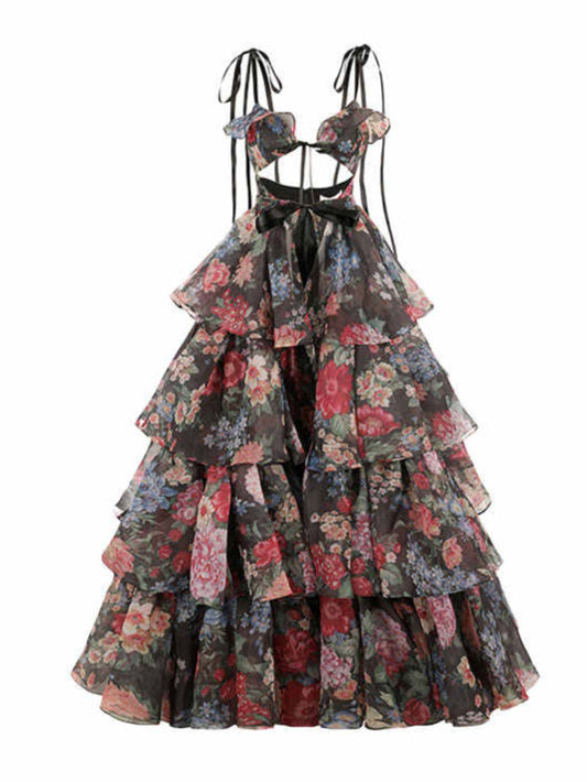 Floral Hollow Suspender Cake Suit