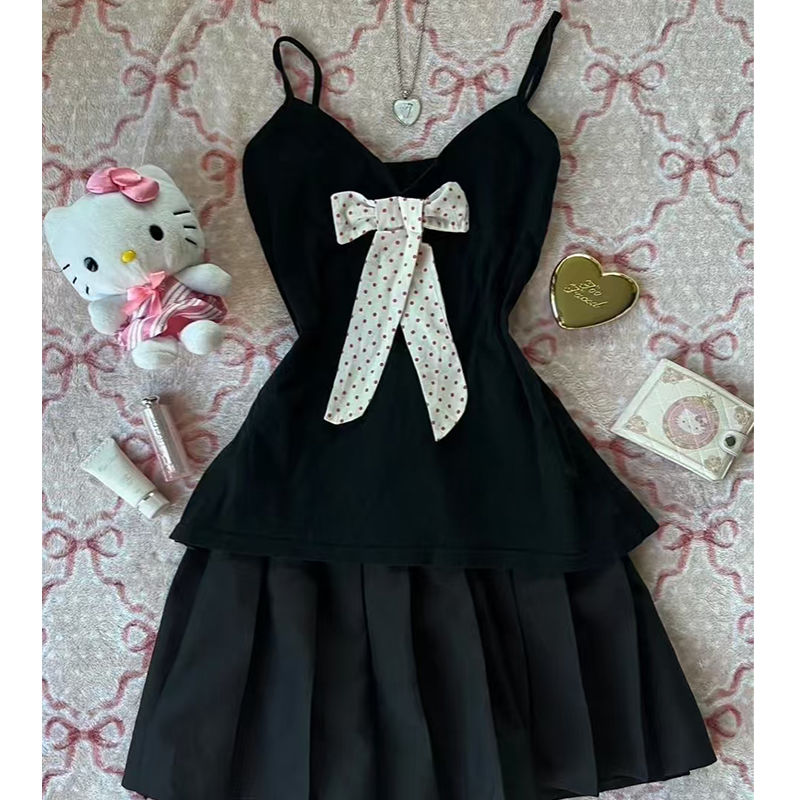Japanese style polka dot butterfly black suspenders