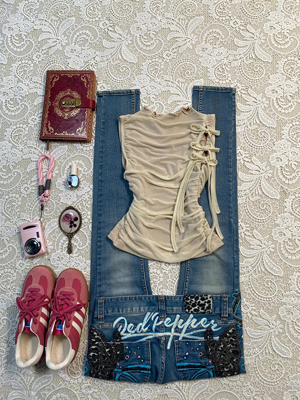 Retro beige bows straps top