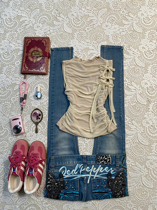 Retro beige bows straps top