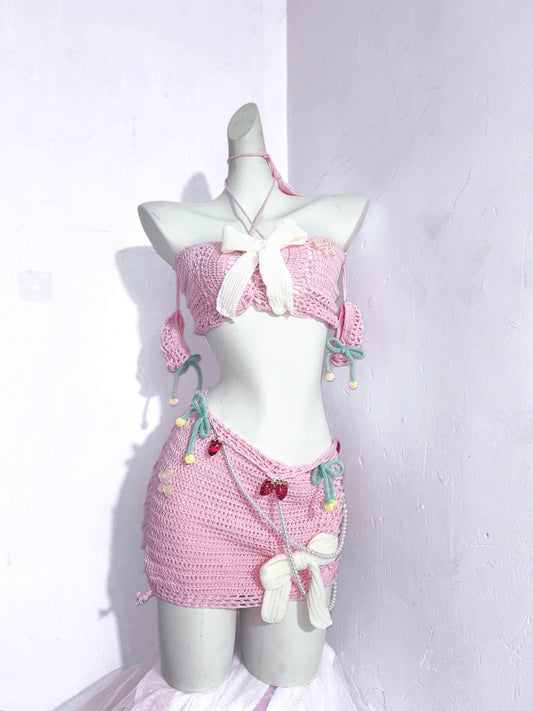 Strawberry Cream Handmade Wool Crochet Pink Coord