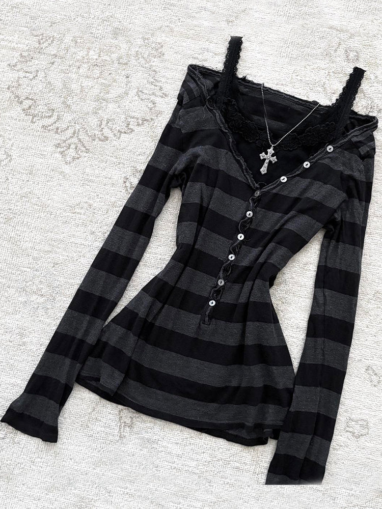 goth striped off-shoulder long-sleeved top