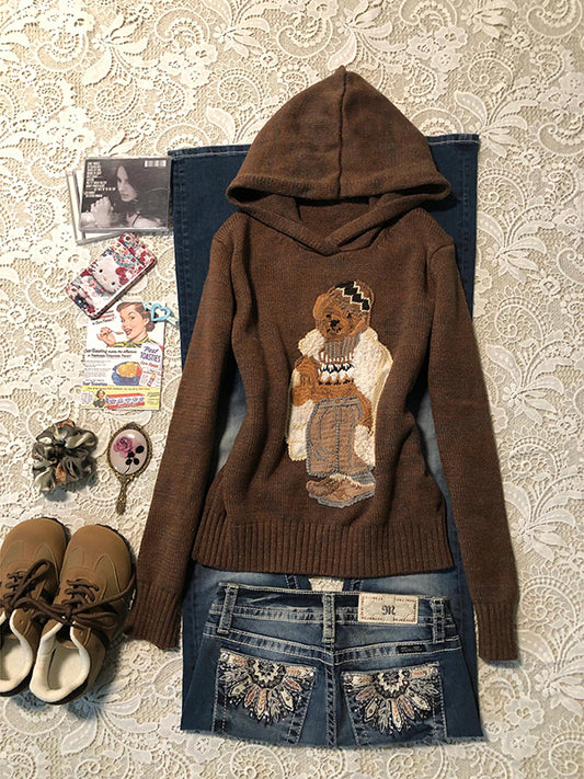 American retro brown bear embroidered hooded sweater