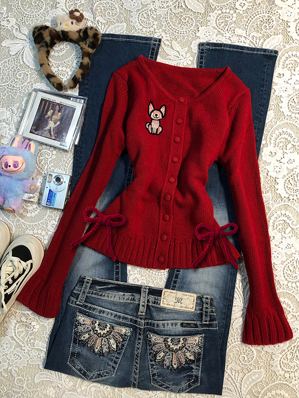 red cartoon V-neck knitted cardigan