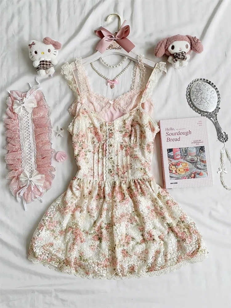 Retro Lace Bow Floral Dress
