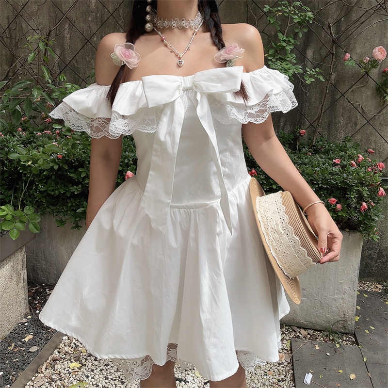 One-shoulder Lace Bow Fairy Dress