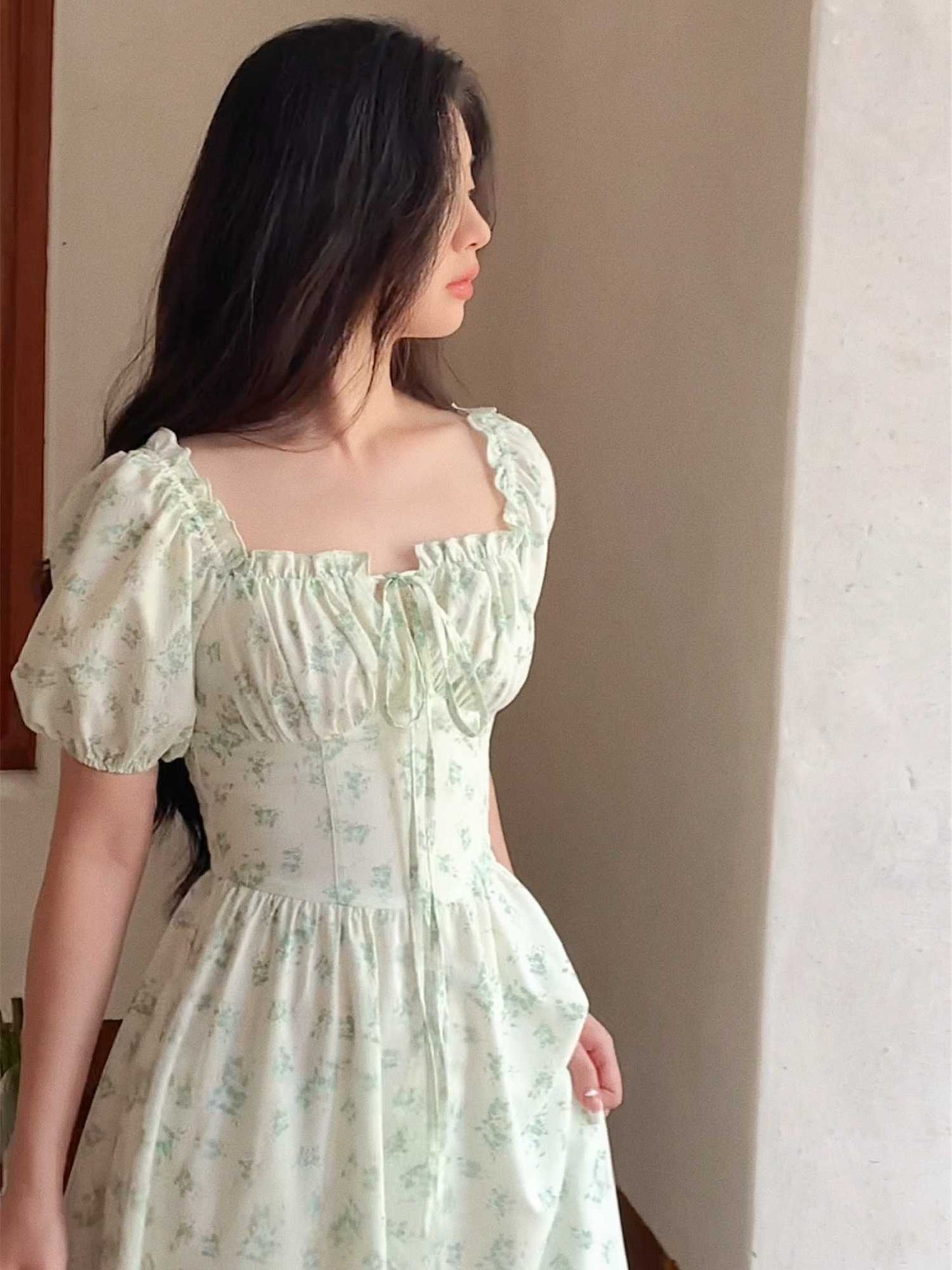 Puff Sleeve Green Floral Dress
