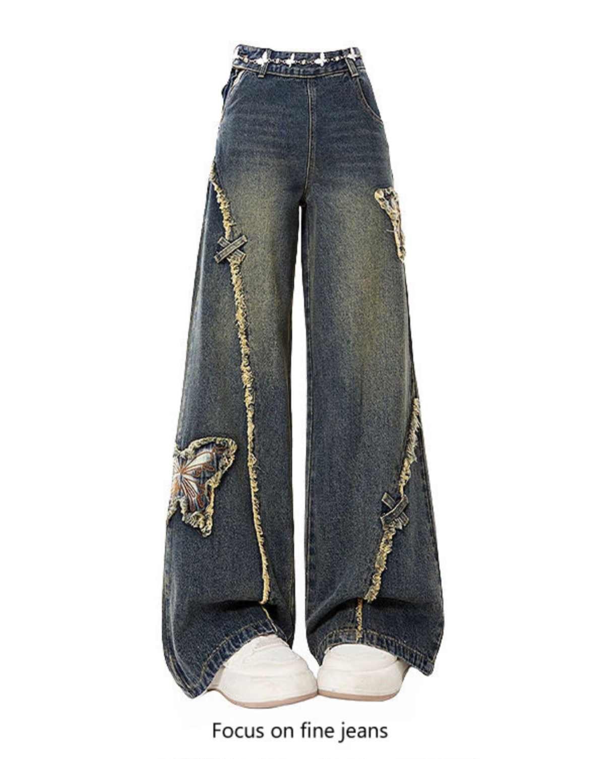 Retro Butterfly Patch Bell Bottom Jeans