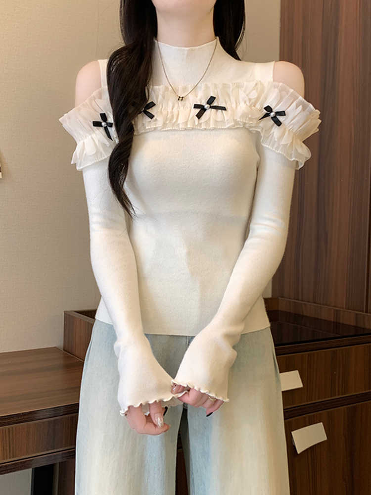 Off-shoulder Bow Ruffled Lace Long-sleeved Top