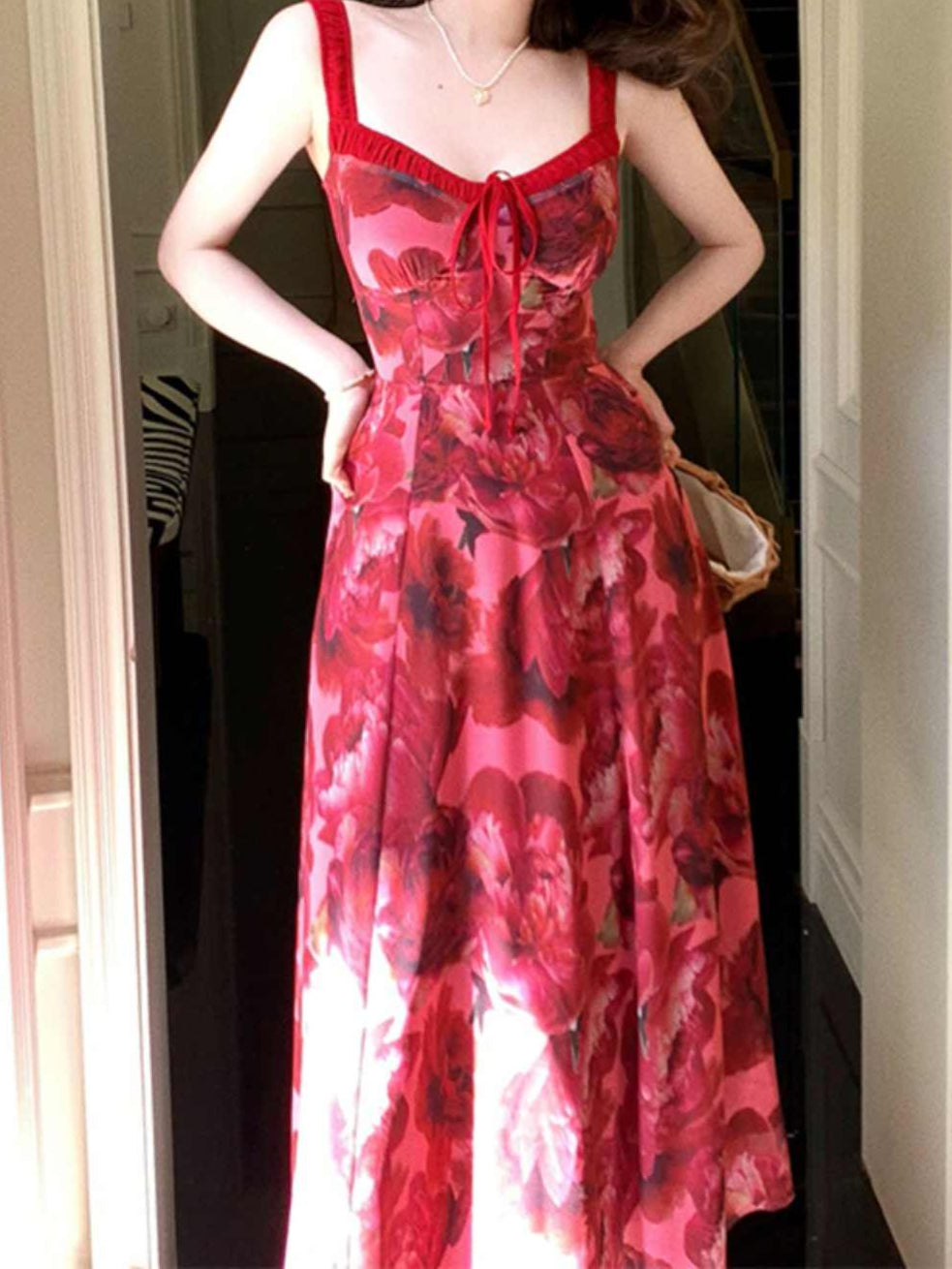 French Red Floral Suspender Dress