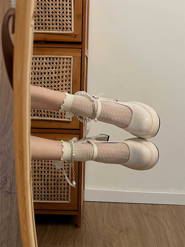 Preppy Lace Bow Pearls Mary Jane Shoes