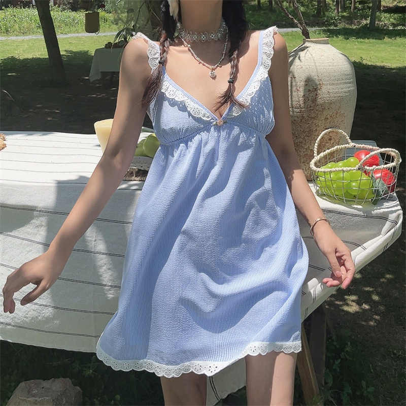 Lace V-neck Blue Plaid Dress