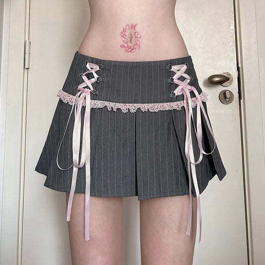Bow Straps Striped Pleated Skirt