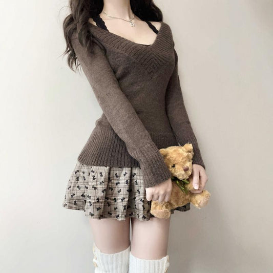 Vintage V-neck lace off-shoulder sweater