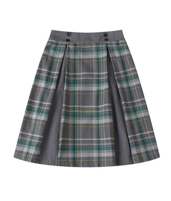 Gray-green Plaid Splicing Preppy Skirt