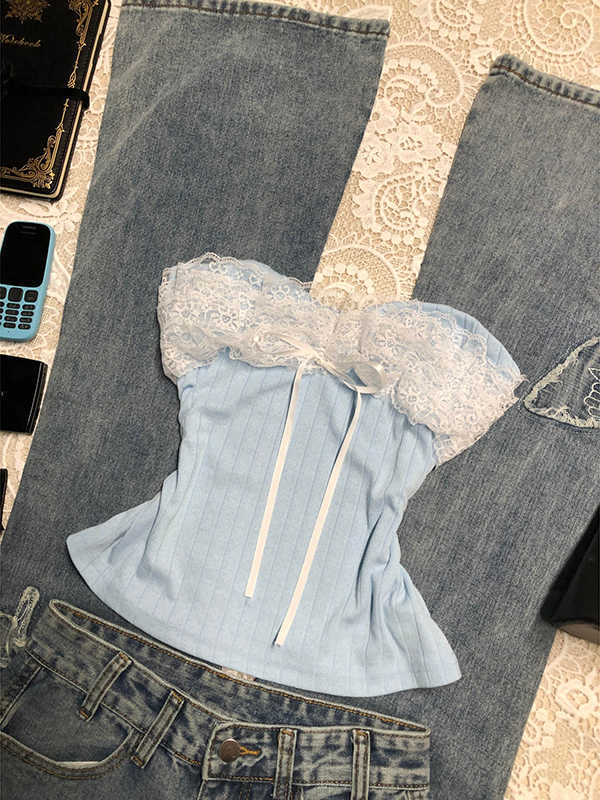 Blue Lace Spliced Knitted Tube Top