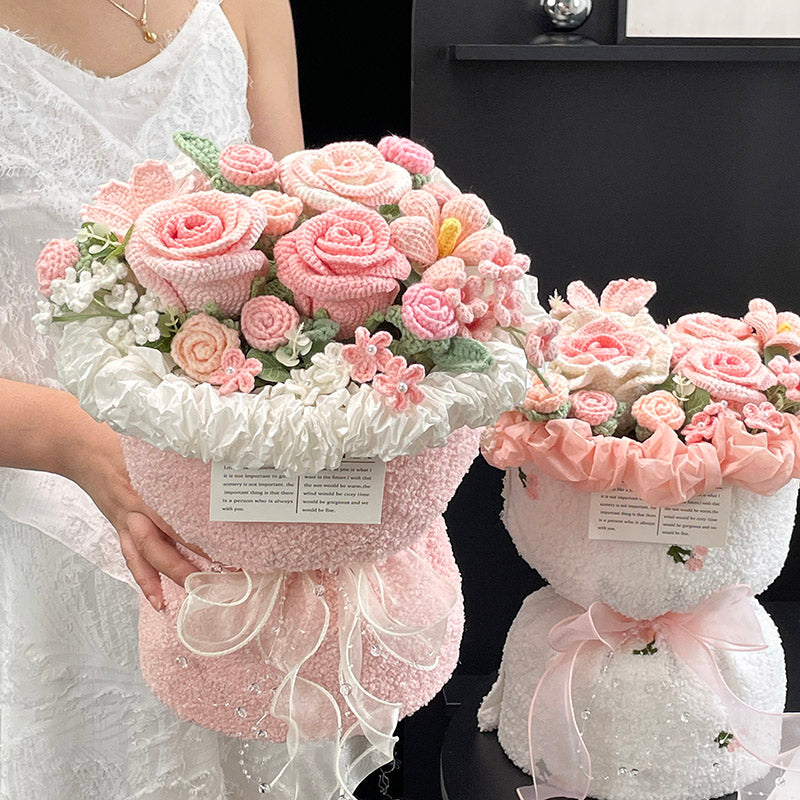 Hand-knitted crocheted wool flowers bouquets