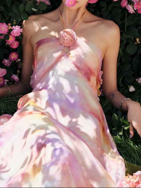 French Rose Halter-neck Dress