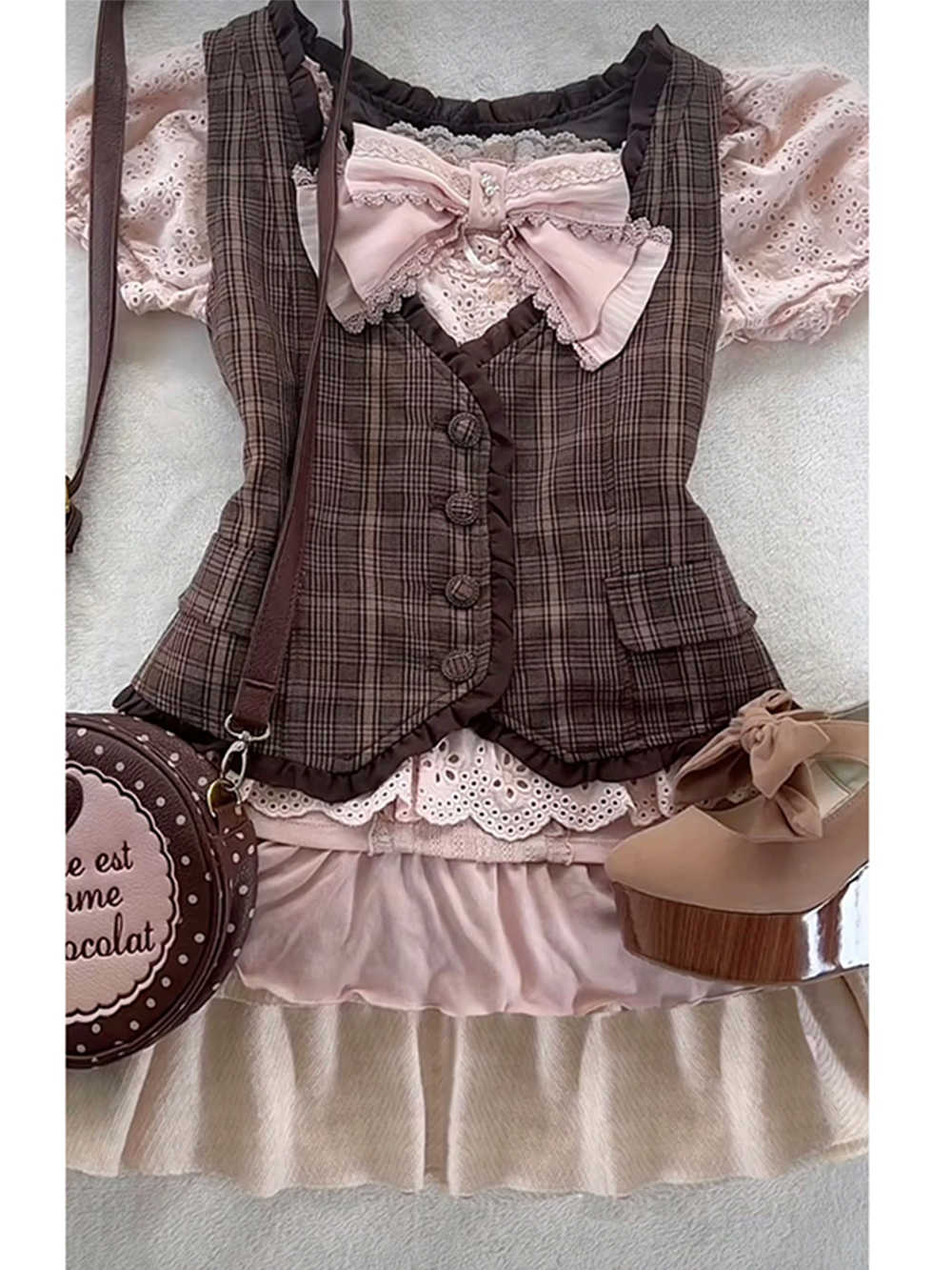 Retro Bow Lace Top Pink Plaid Vest