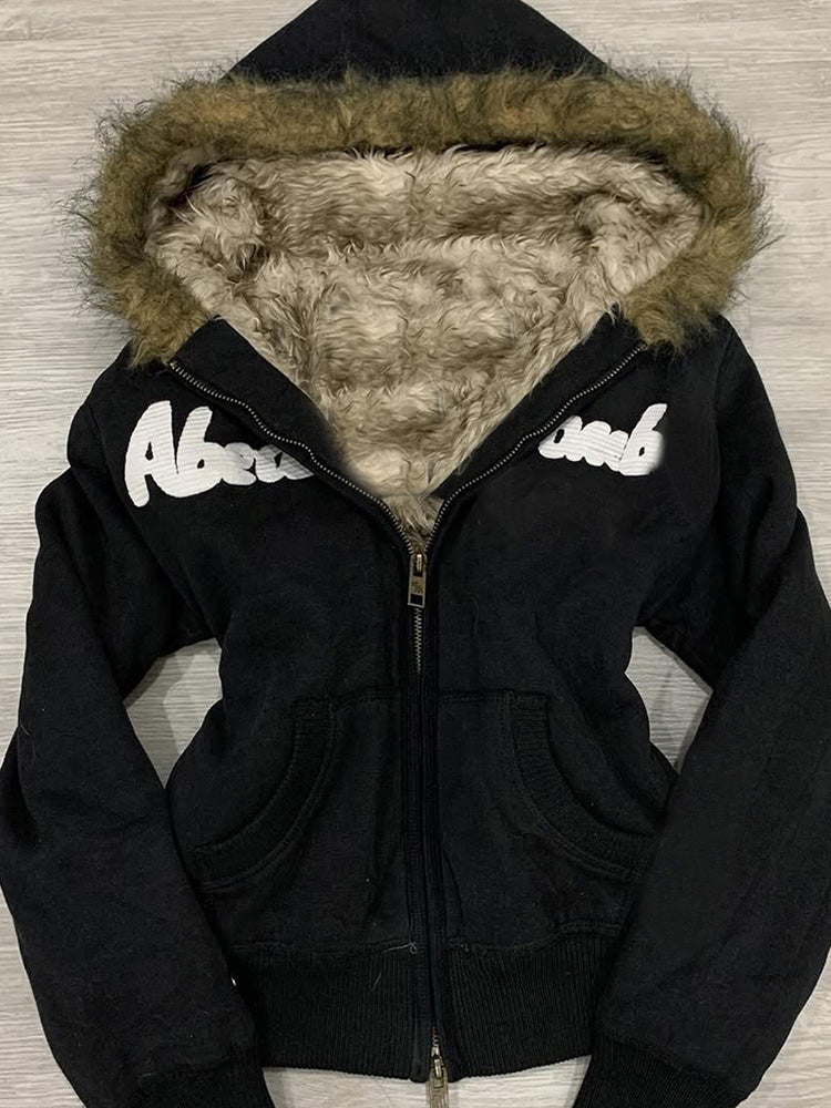 retro black fur collar hooded jacket