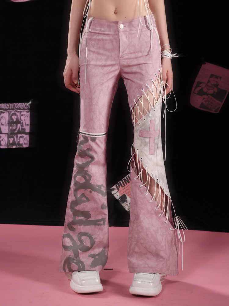 Straps Hollow Pink Stitching Pants