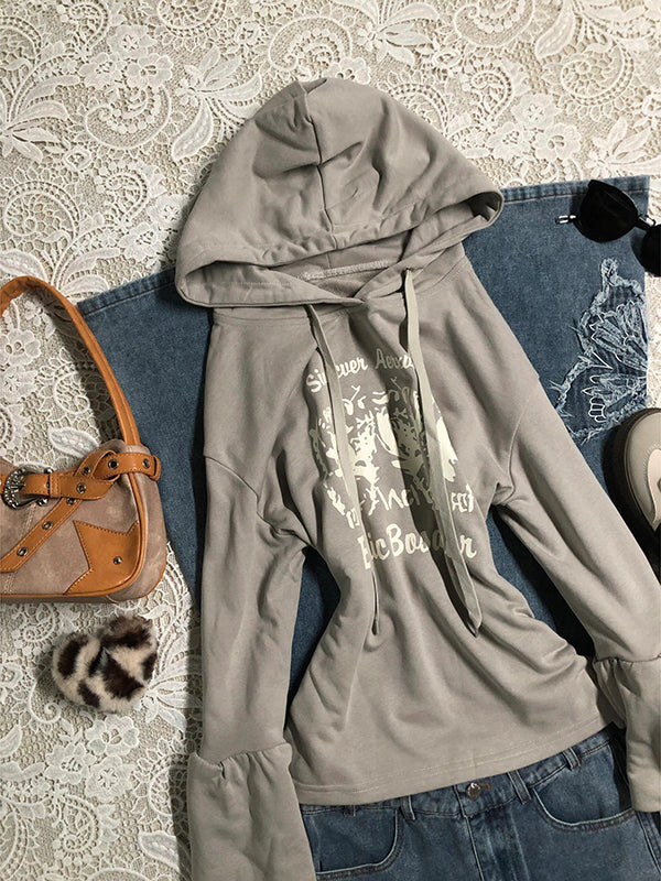 gray letter print hooded sweatshirt