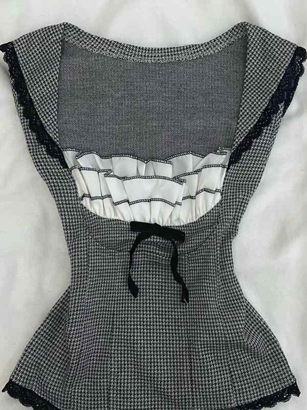 Retro Gray Bow Lace Vest