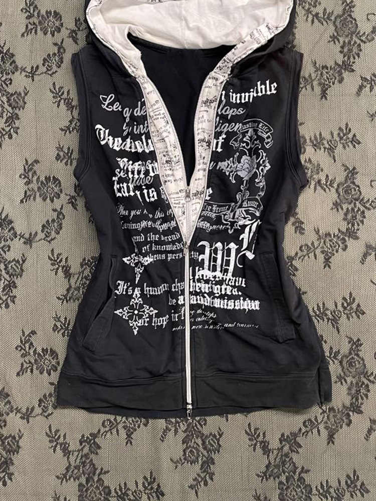 Retro Black Printed Hooded Top