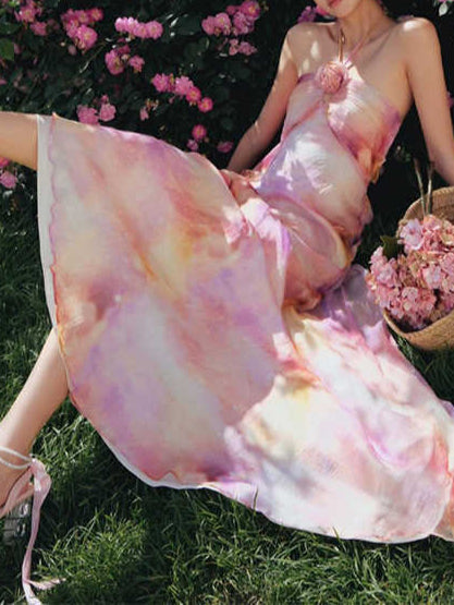 French Rose Halter-neck Dress