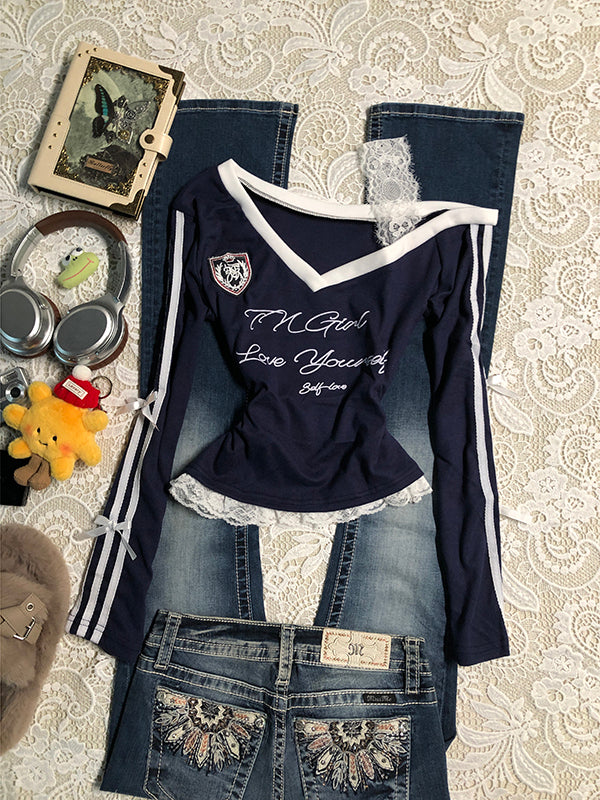 blue V-neck lace splicing long-sleeved Top
