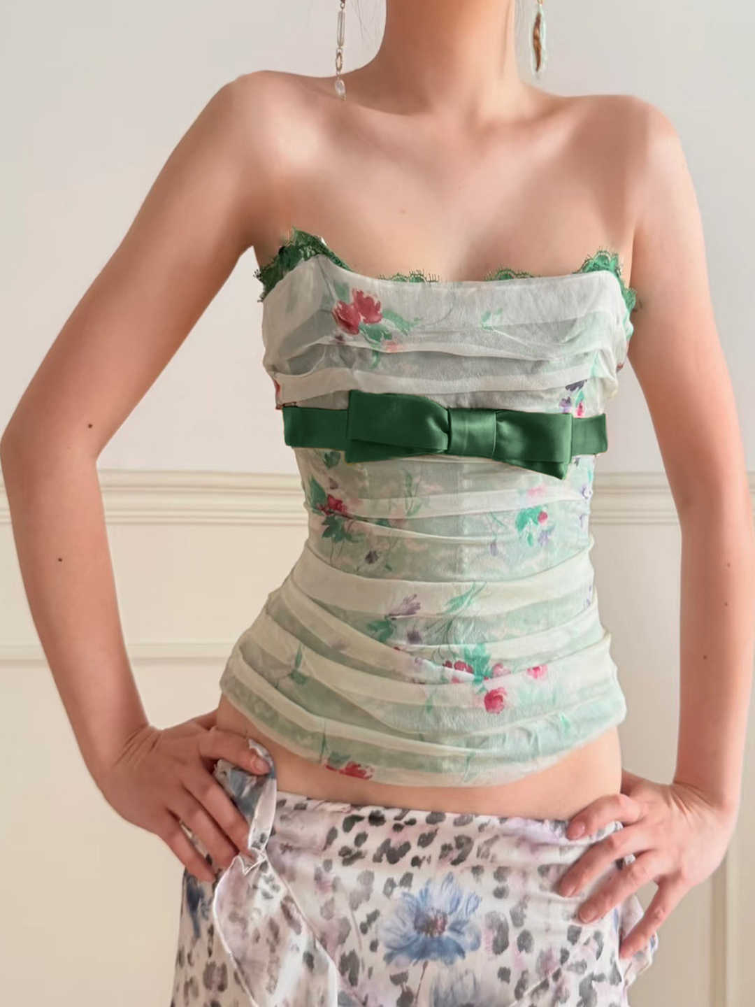 French Green Floral Mesh Tube Top
