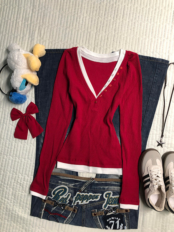 red v-neck fake two-piece sweater