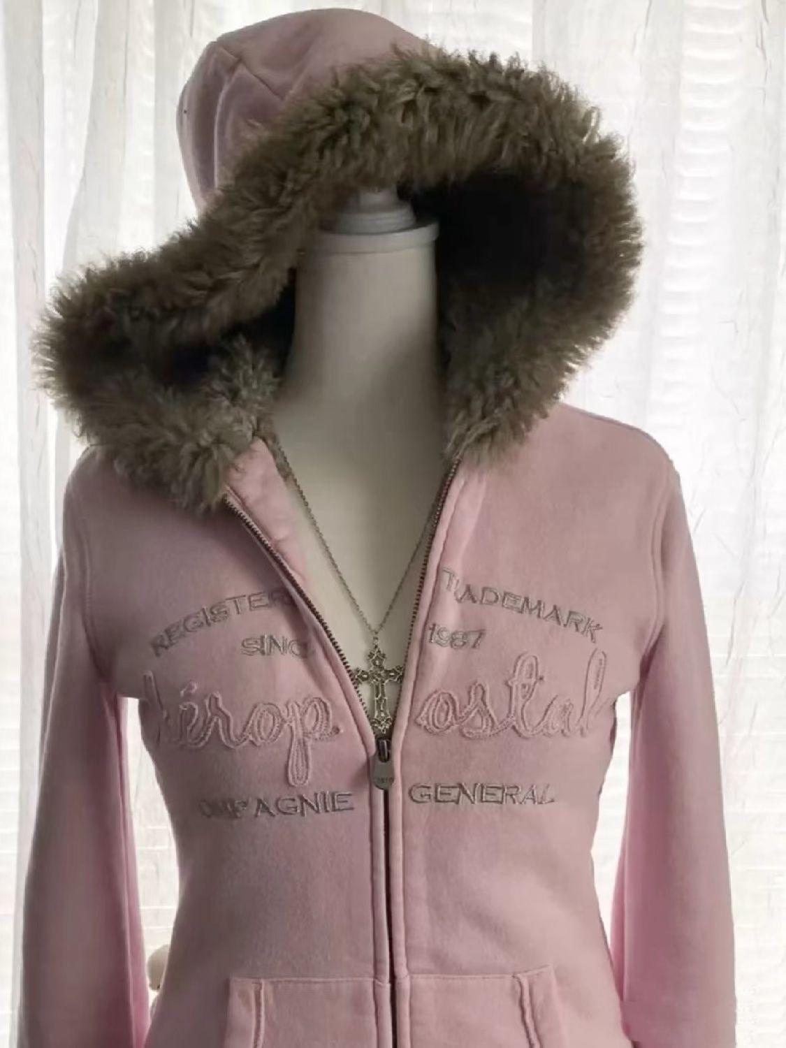 y2k retro pink letter fur collar hooded jacket