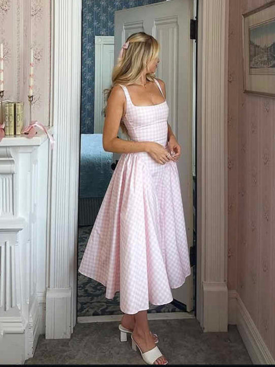 French Pink Plaid Suspender Dress