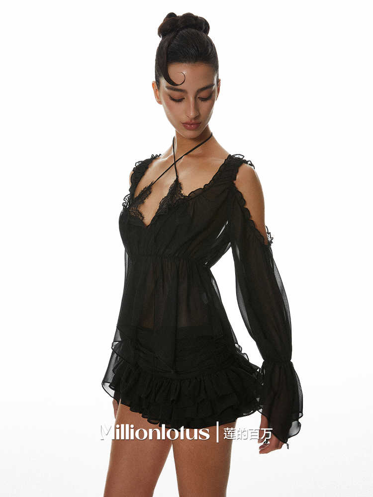 Black Mesh Lotus Two-piece Set