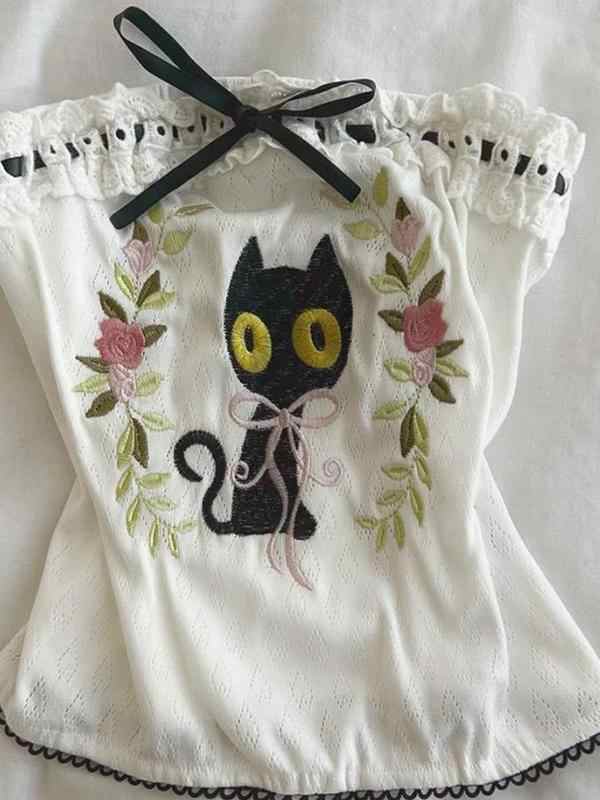 Black Cat Printed Crop Top