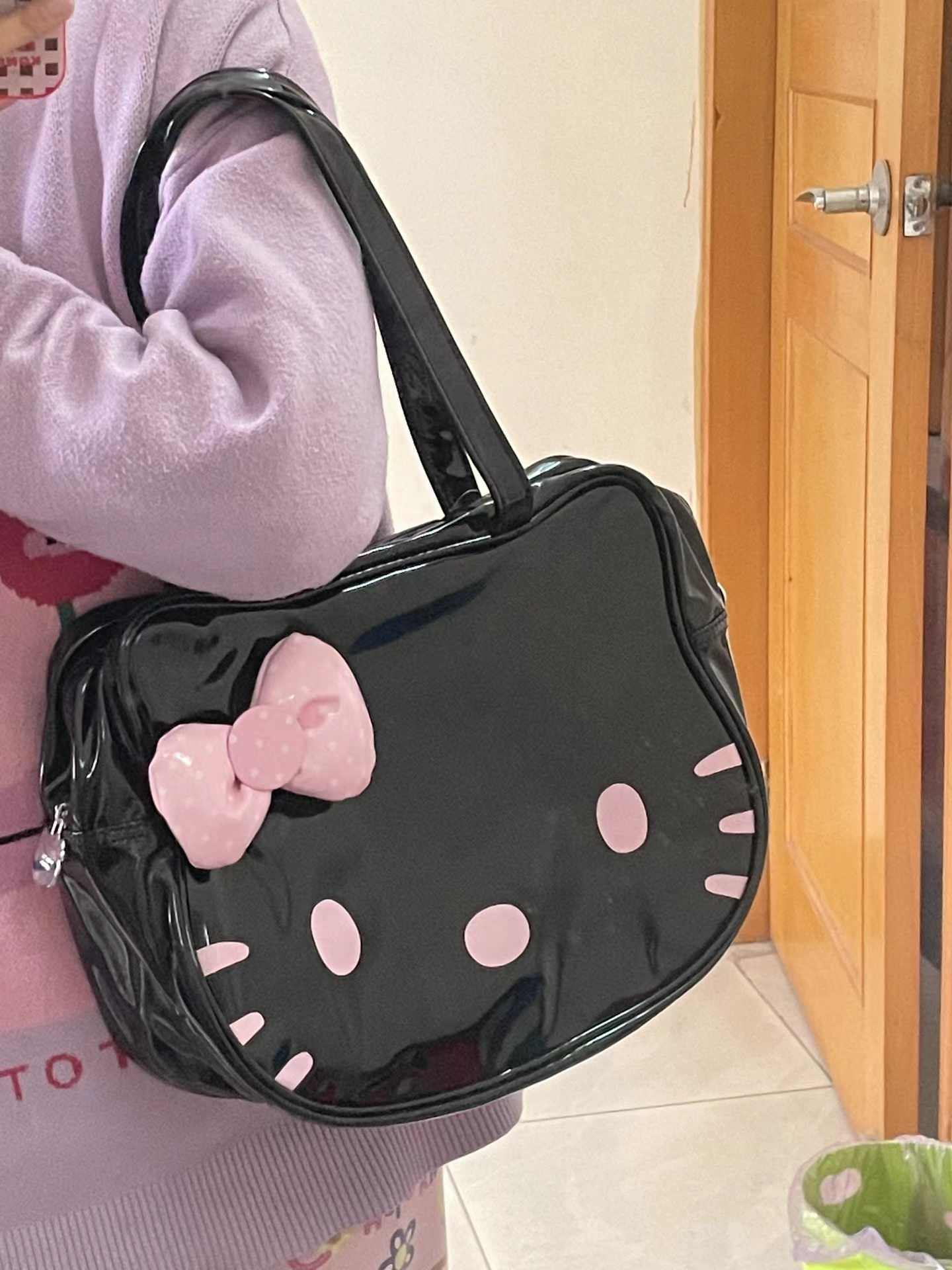Cute Kitty Black Leather Bag